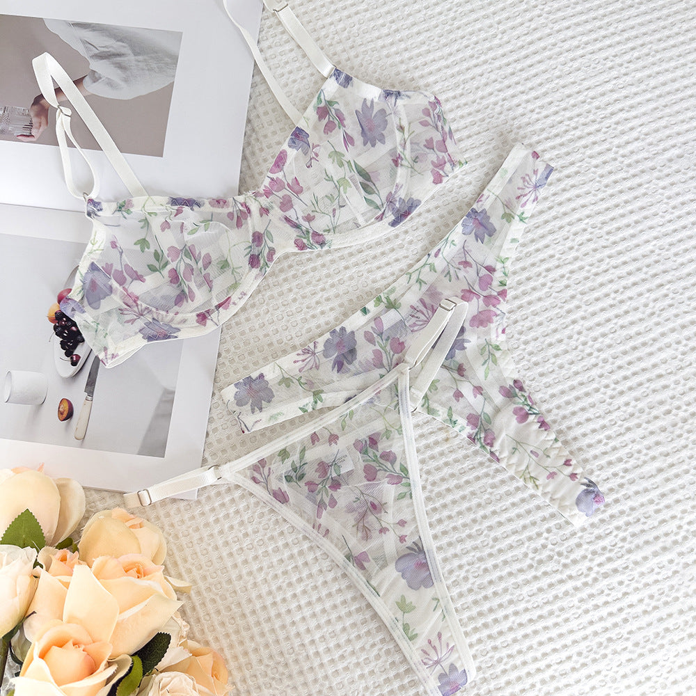 Mesh Print Sheer Lift Bra Set with 2 Pairs of Underwear
