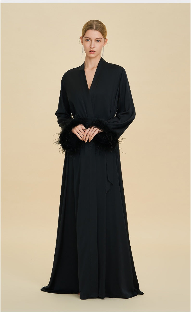 Feather Trim Luxury Robe | High-End Satin Bathrobe for Women