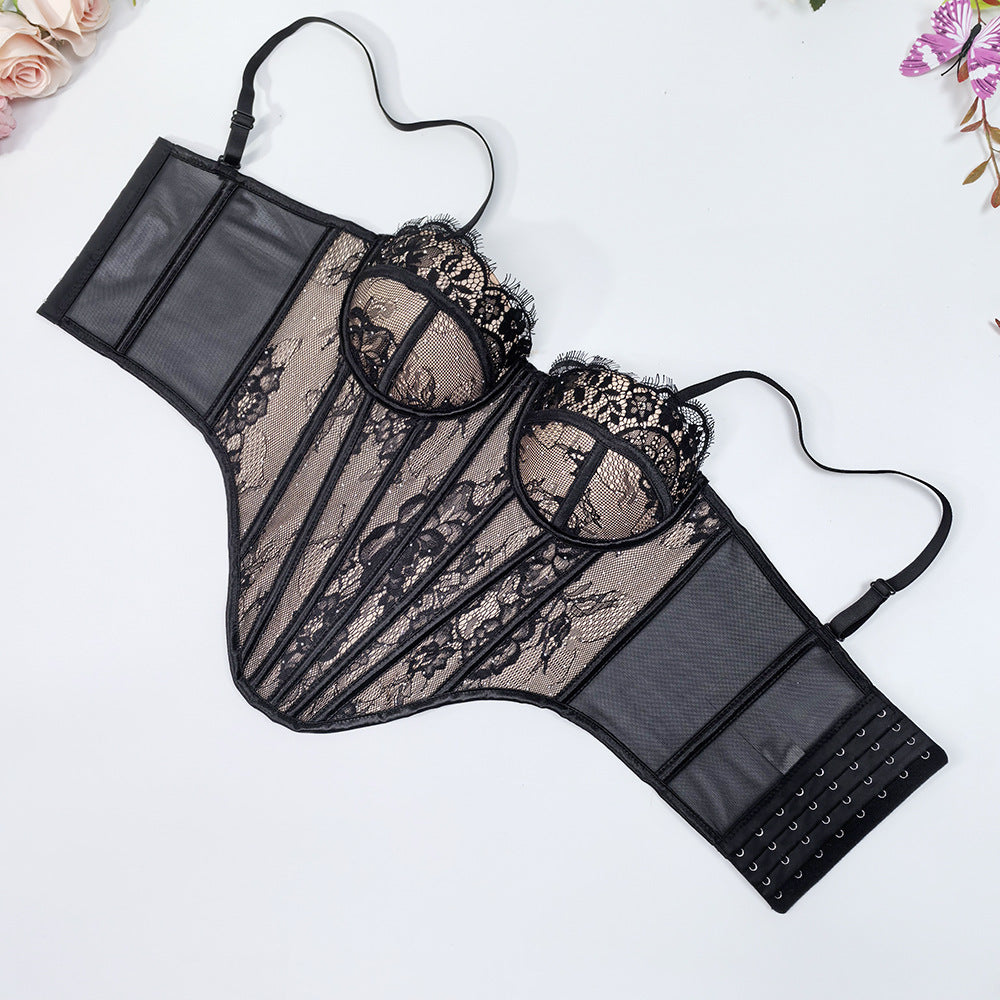Rhinestone Lace Fishbone Corset Bra