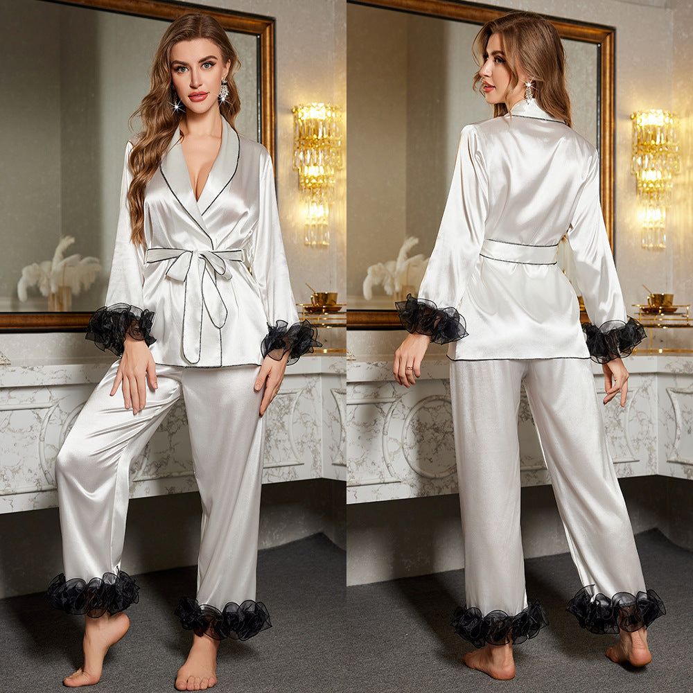 Organza Ruffle Lace Ice Silk Pajama Set – Long Sleeve & Pants