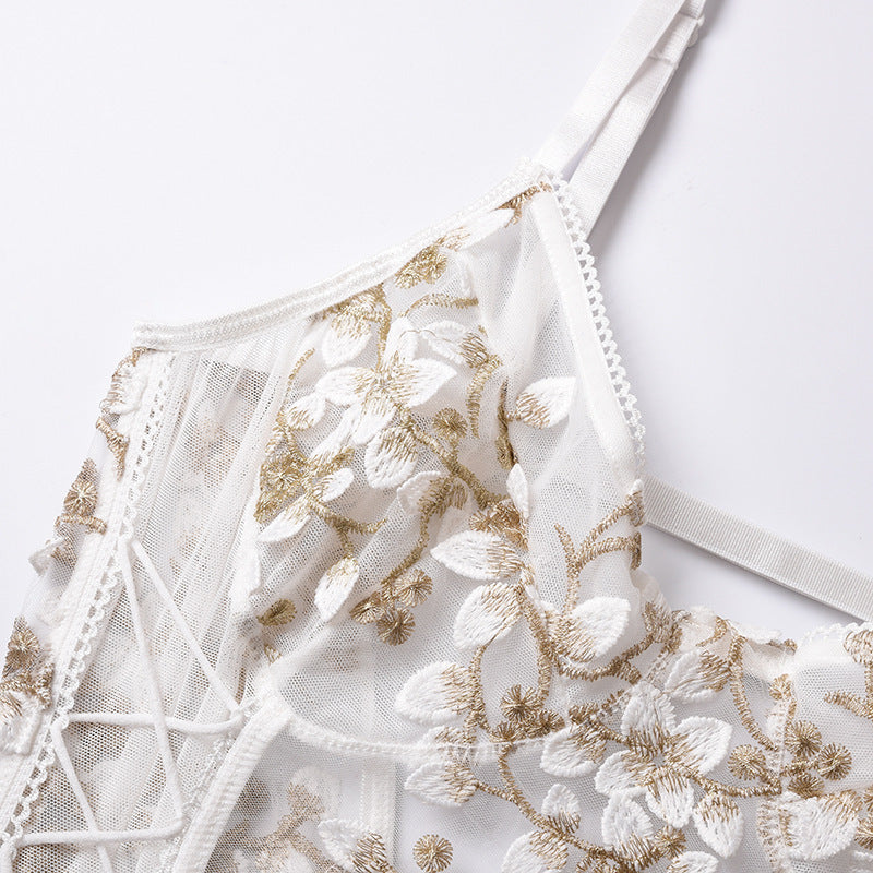 Lace Floral Embroidery Sheer Bodysuit