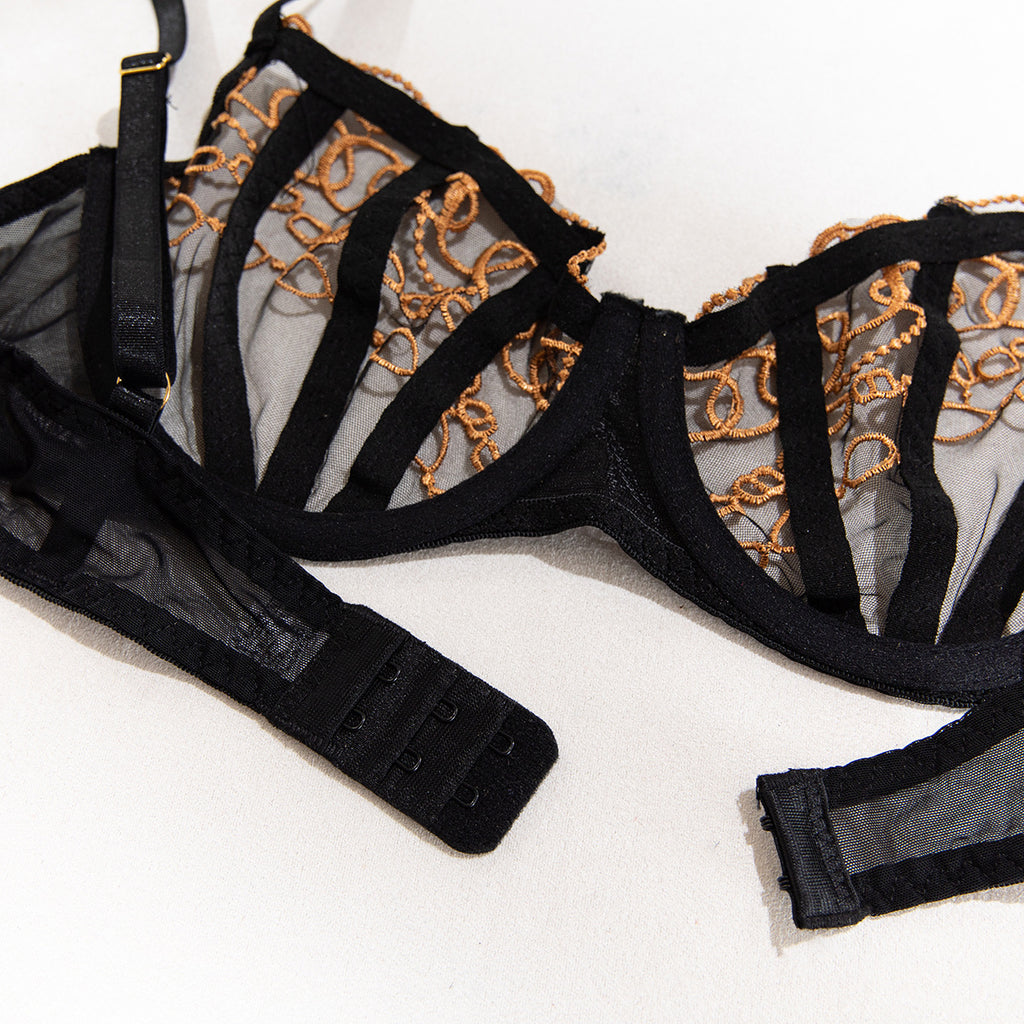 Black Lace Gold Thread Embroidery Underwire Garter Belt Leg Ring Lingerie Set