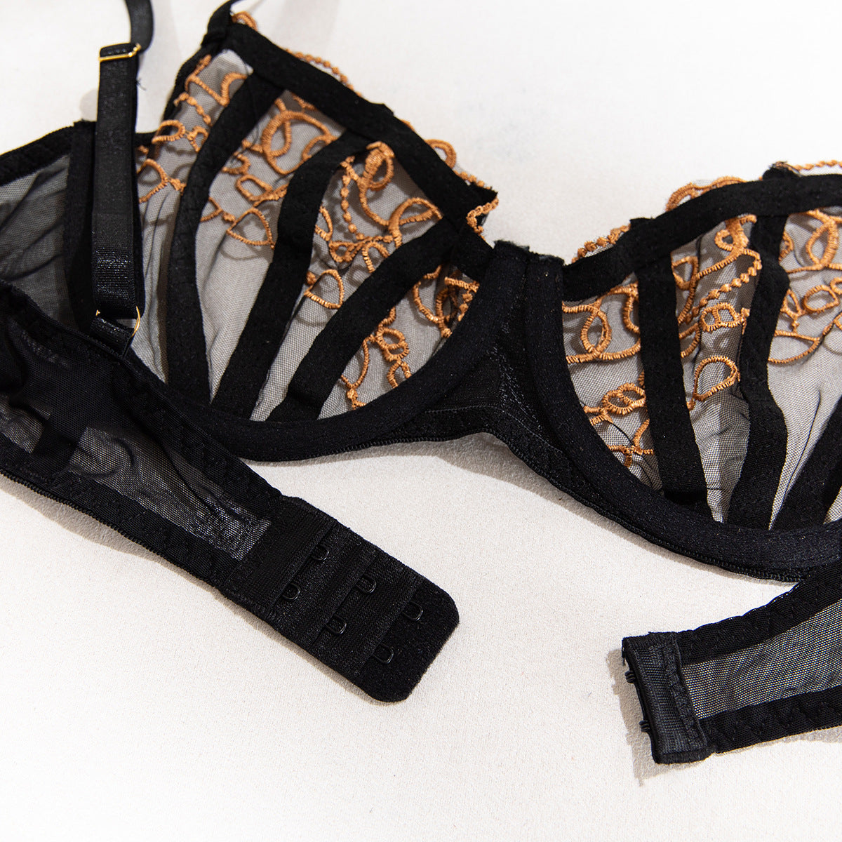 Black Lace Gold Thread Embroidery Underwire Garter Belt Leg Ring Lingerie Set