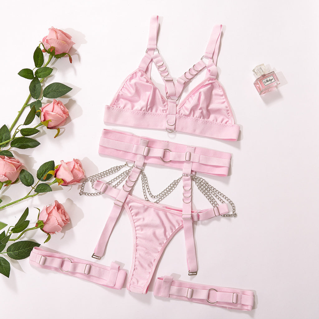 Metal Chain Hollow Bra & Leg Sock Set – Bundled, 4-Piece