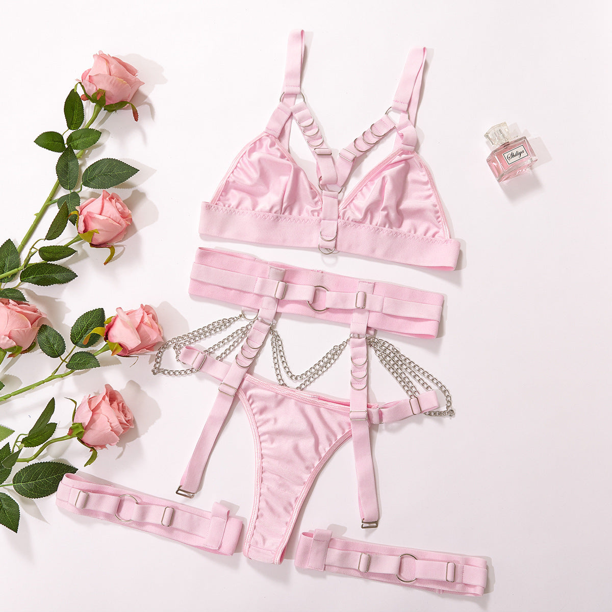 Metal Chain Hollow Bra & Leg Sock Set – Bundled, 4-Piece
