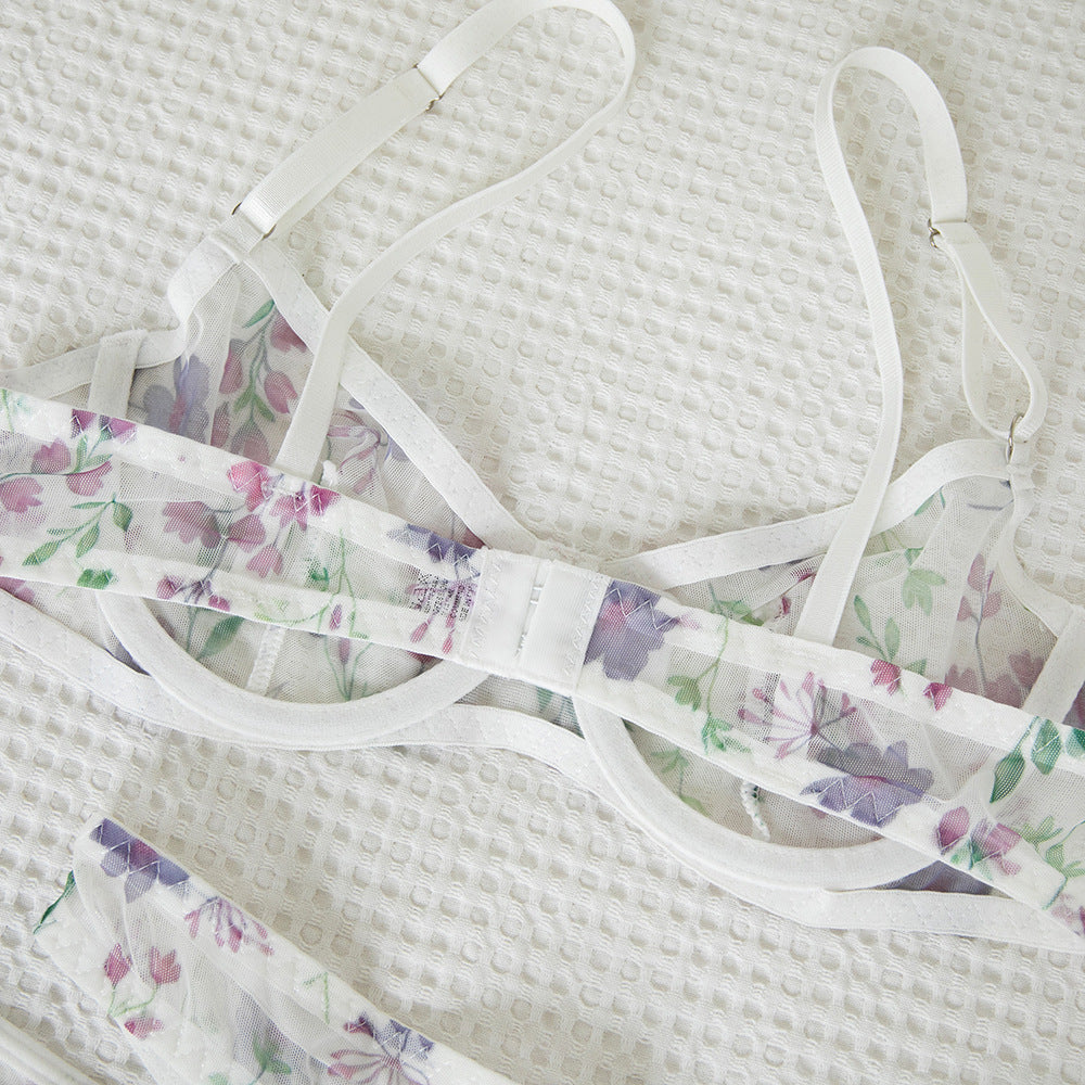 Mesh Print Sheer Lift Bra Set with 2 Pairs of Underwear