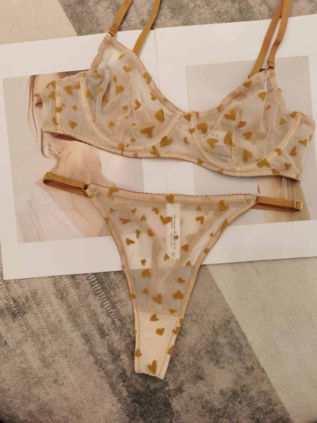 Heart Print Mesh Lace Bra Set – French Ultra-Thin, Push-Up