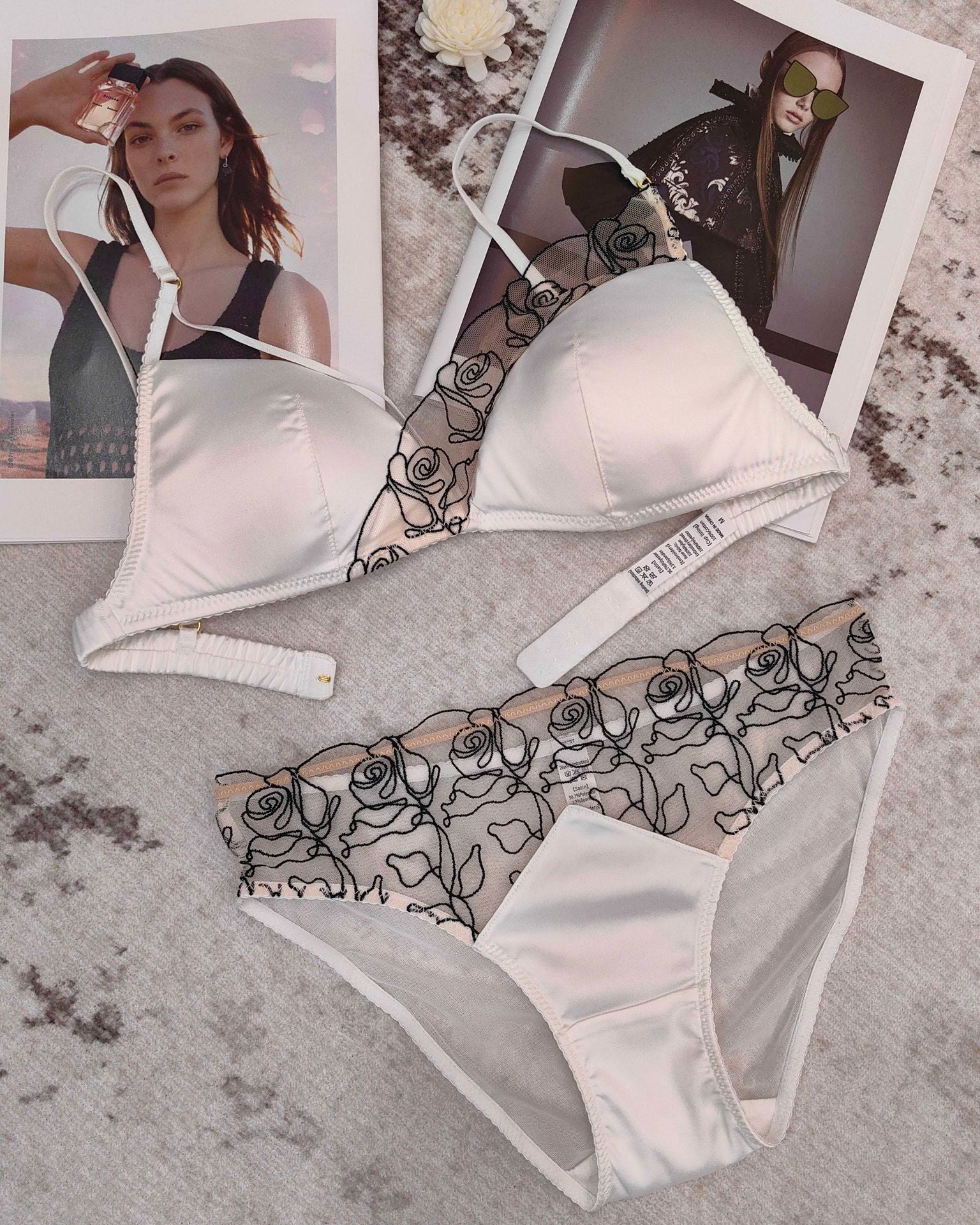 French Embroidered Lace Lingerie Set – Wireless Bra with Thong or Briefs | 5 Colors