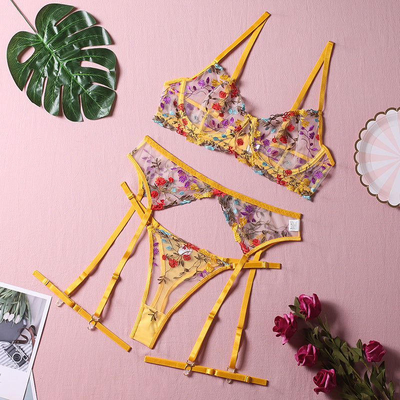 Sexy perspective yellow pastoral floral bra, garter belt thong with leg ring three-piece erotic underwear set