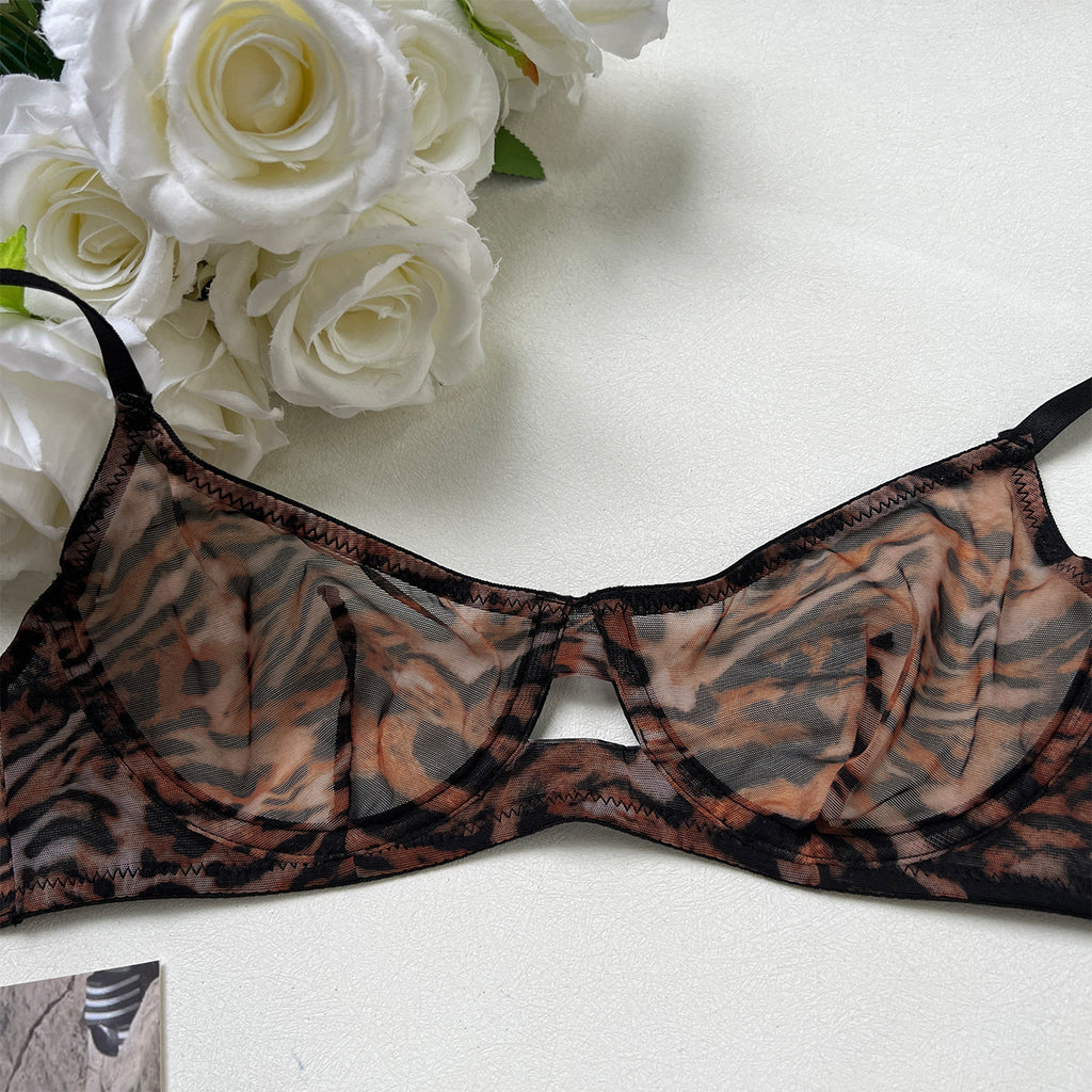Leopard Print Sheer Mesh Bra Set – French Ultra-Thin, Anti-Sag | 4 Colors