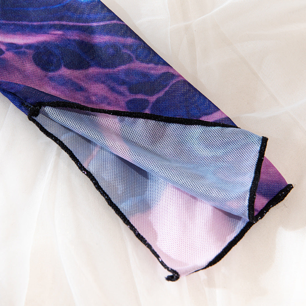 Tie-Dye Sheer Mesh High Neck Slit Dress Set