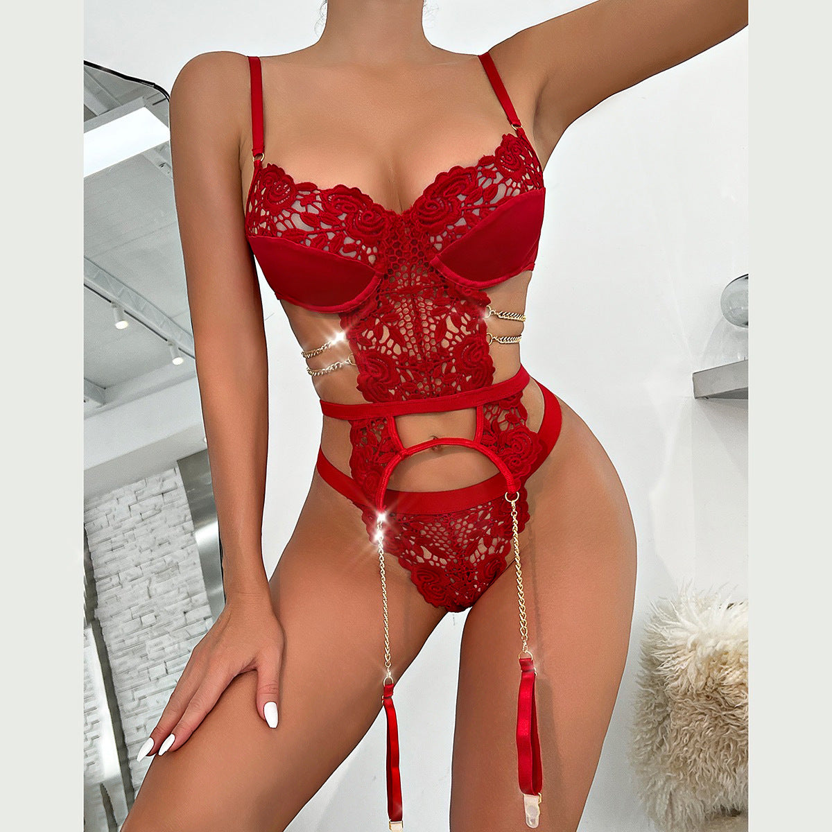 Lace Hollow-Out Backless Lingerie Set | Three-Piece Sexy Bra