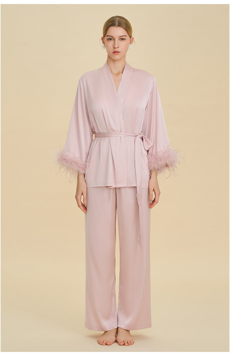 Feather Trim Long Sleeve Pajama Set | Detachable Luxury Loungewear