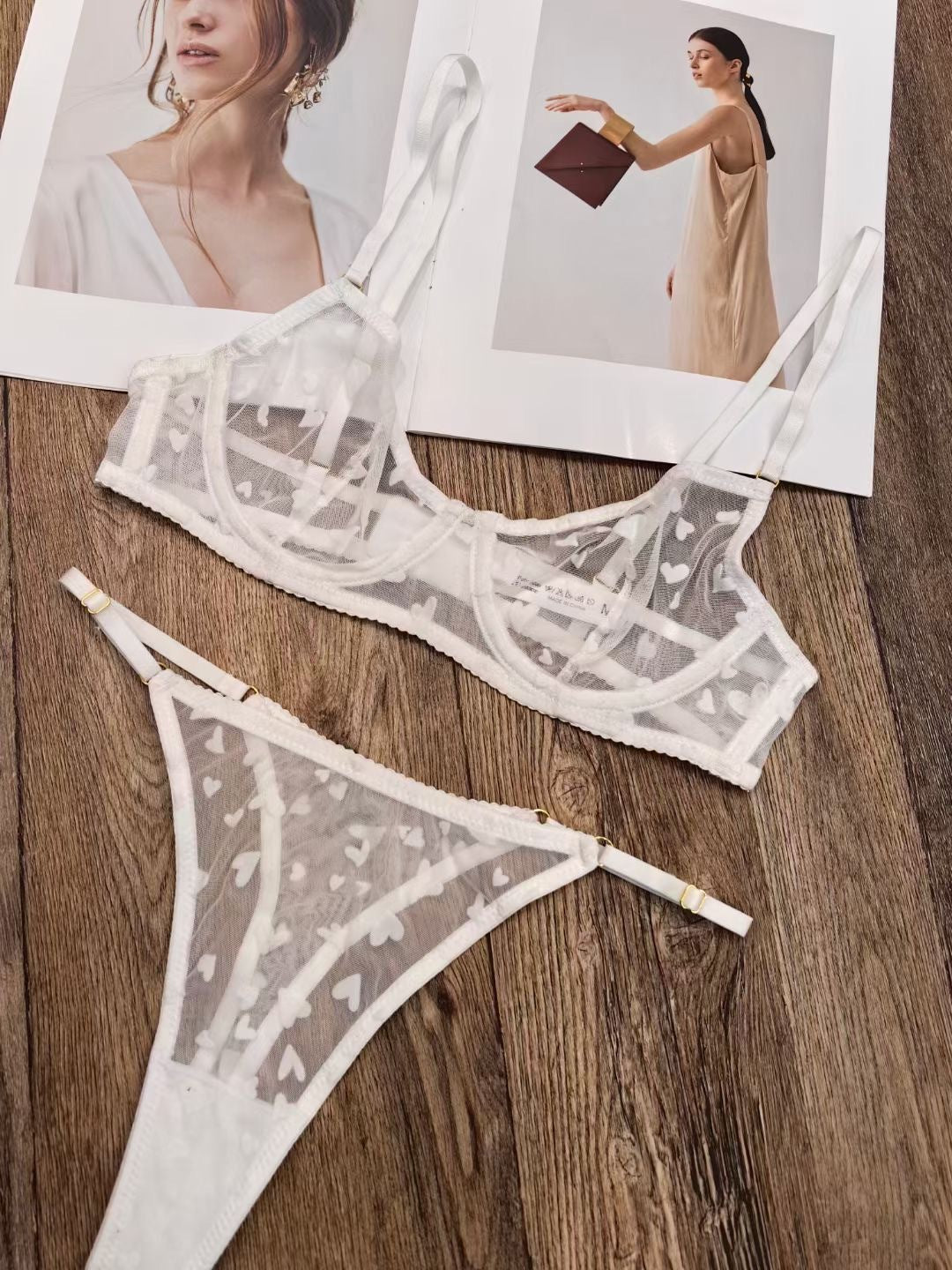 Heart Print Mesh Lace Bra Set – French Ultra-Thin, Push-Up