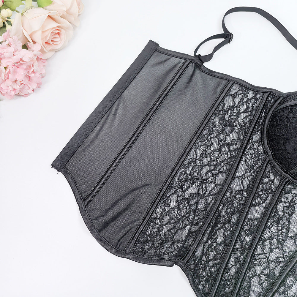 Mesh Off-Shoulder Lace Fishbone Corset Bra
