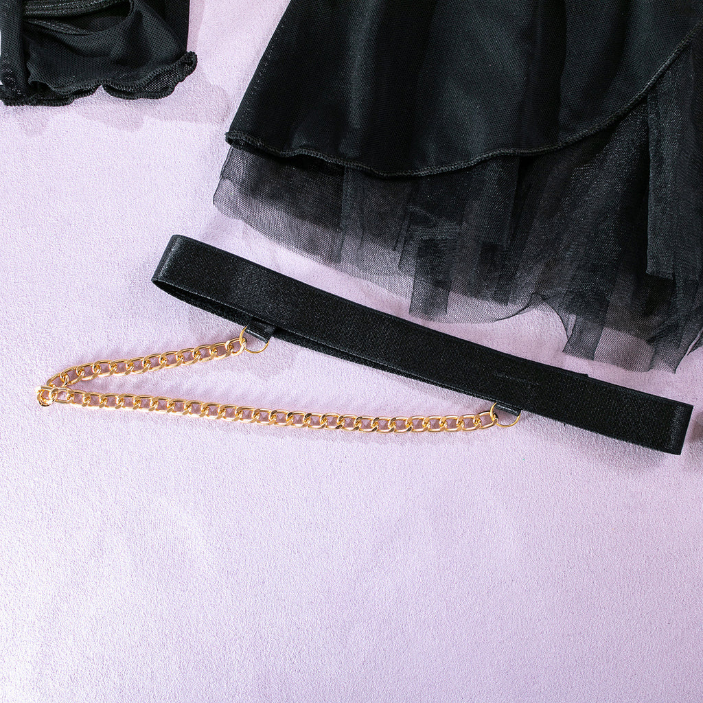 Sheer Mesh Skirt Chain Halter Glove