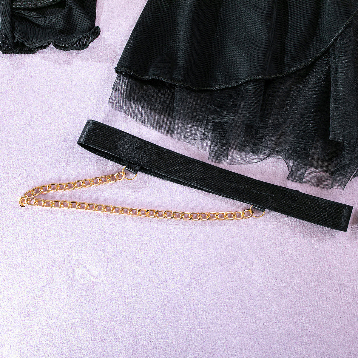 Sheer Mesh Skirt Chain Halter Glove