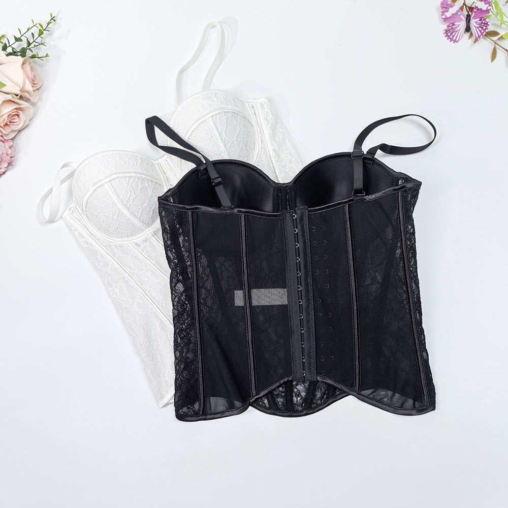 Mesh Off-Shoulder Lace Fishbone Corset Bra