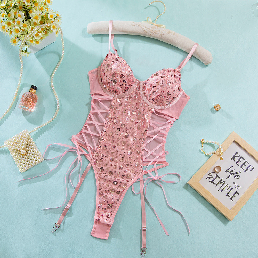 Pink Sequin Butterfly Strap Bodysuit | Sculpting Gather Onesie