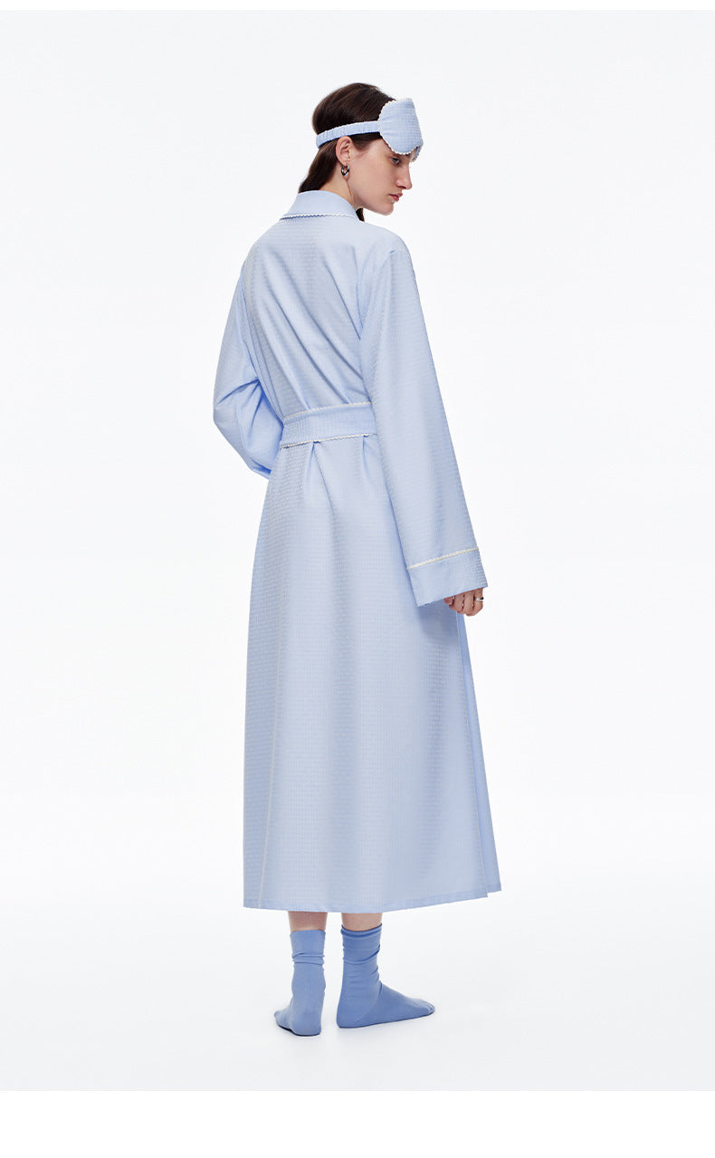 Stripe Waist-Tie Long Morning Robe | Soft Loungewear with Sleep Mask