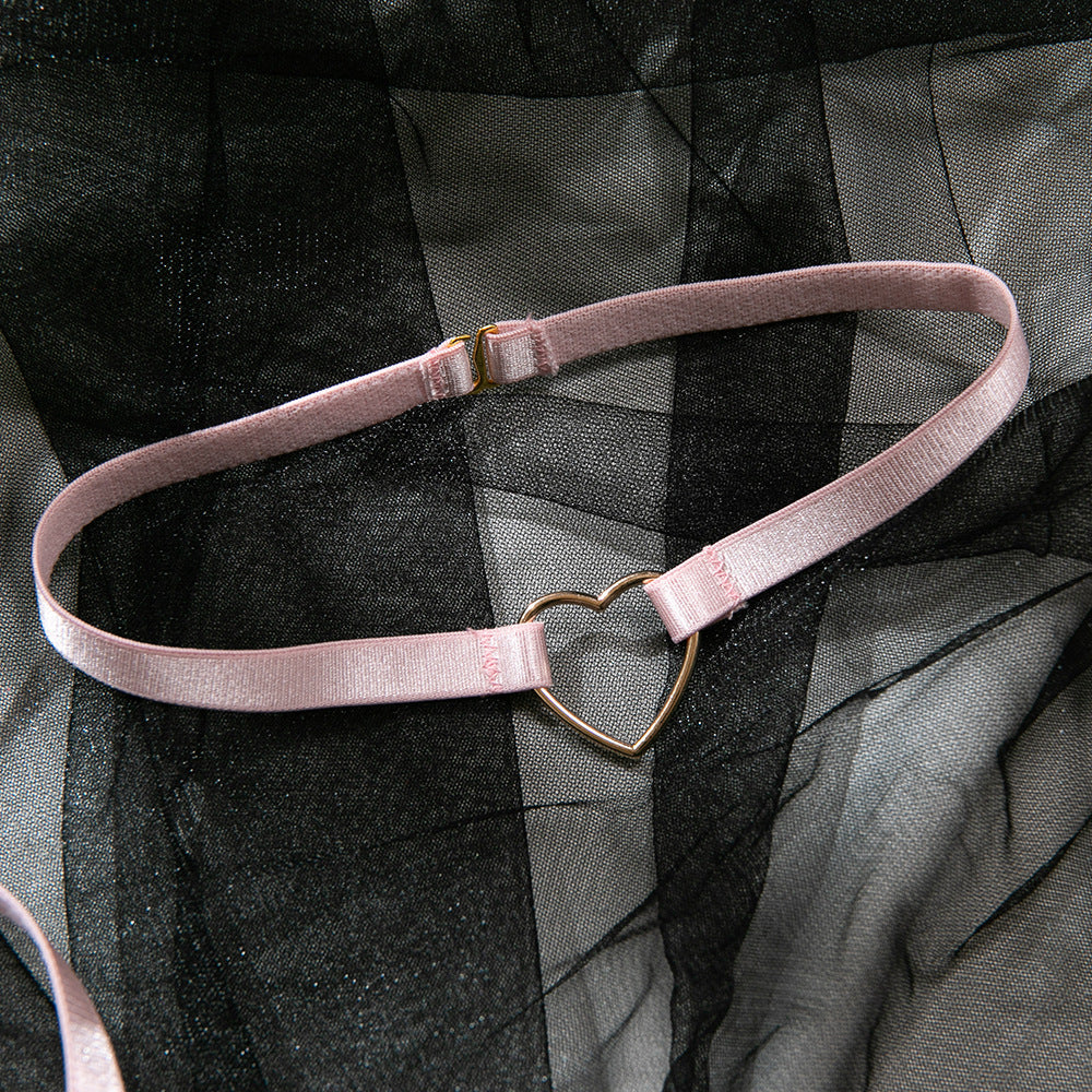 Pink Embroidered Heart Halter Lingerie Set