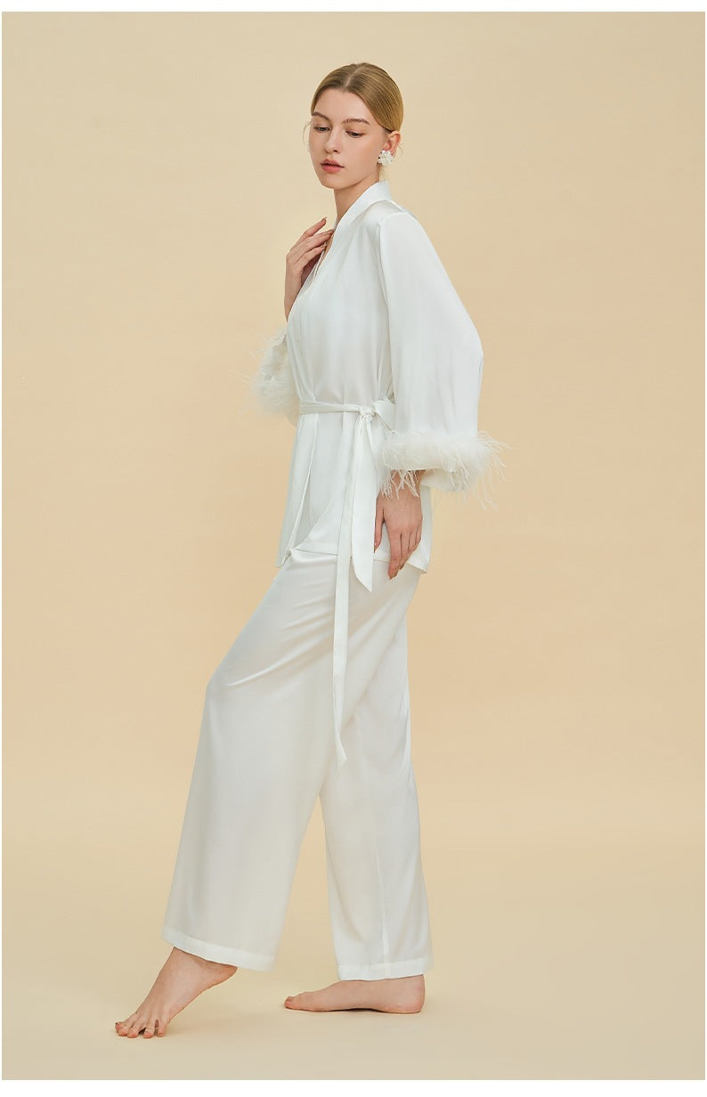 Feather Trim Long Sleeve Pajama Set | Detachable Luxury Loungewear