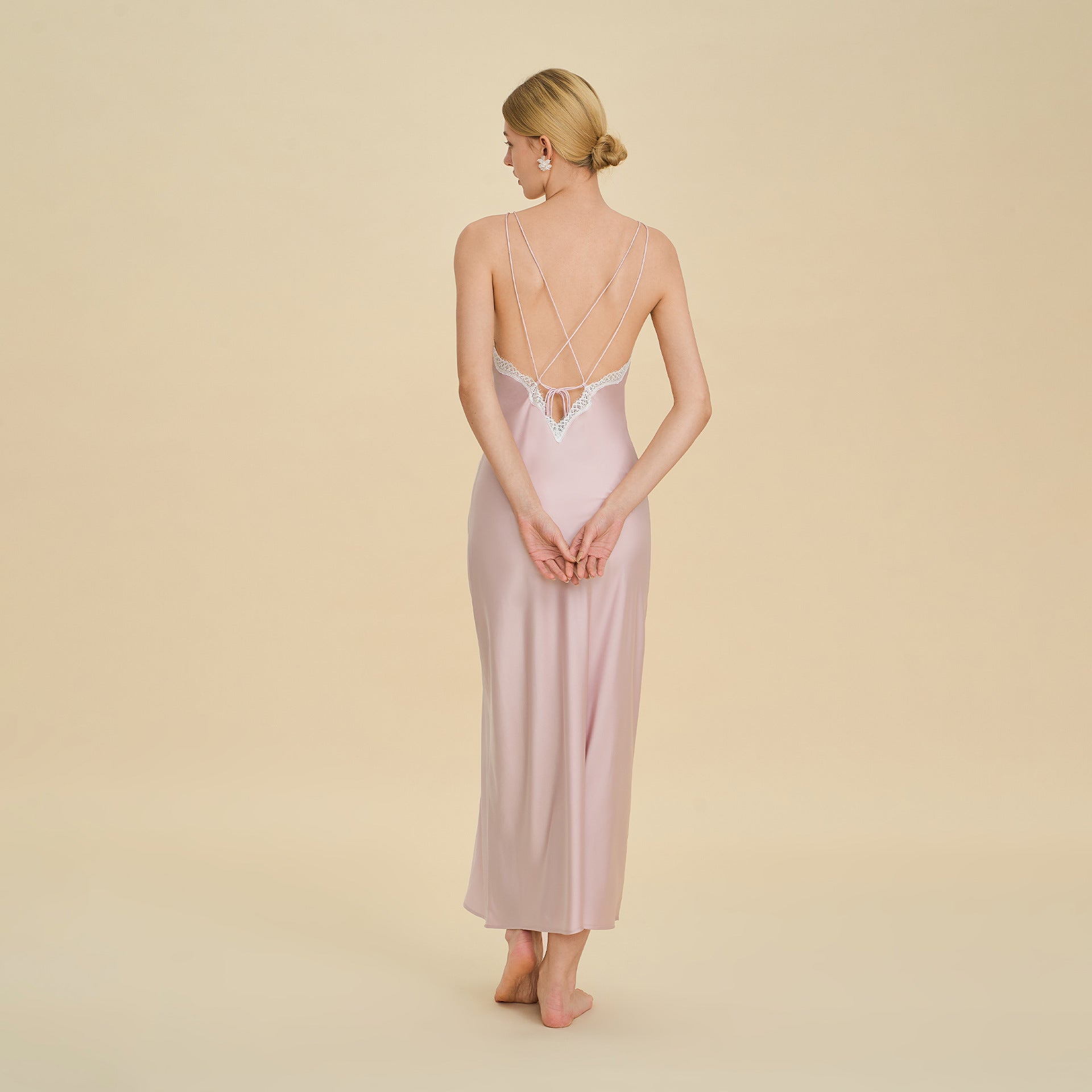 Lace Splice Deep V Off-Shoulder Nightgown | Backless Sexy Loungewear