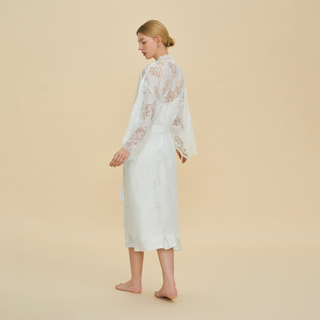 Lace Trim Nylon Long Robe – French Luxury Loose Fit Loungewear