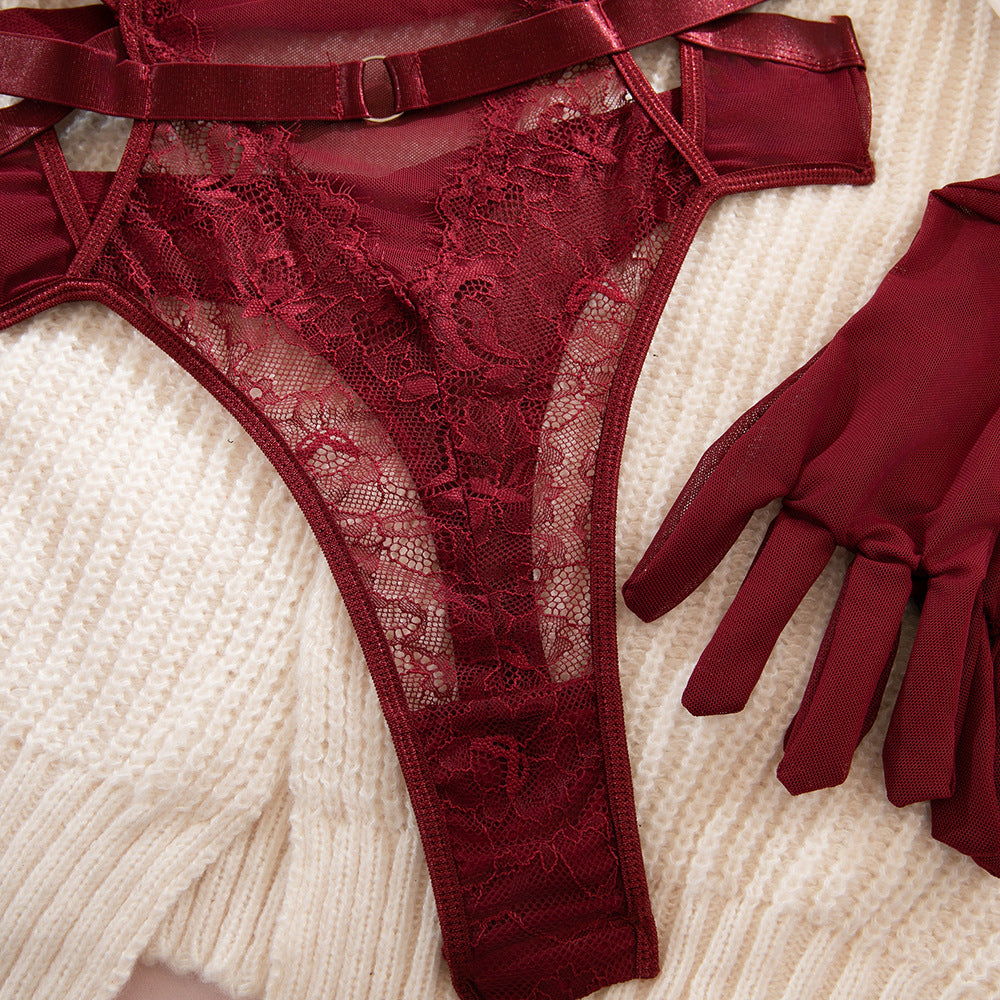 Burgundy Lace Hollow-Out Sculpting Bodysuit with Gloves