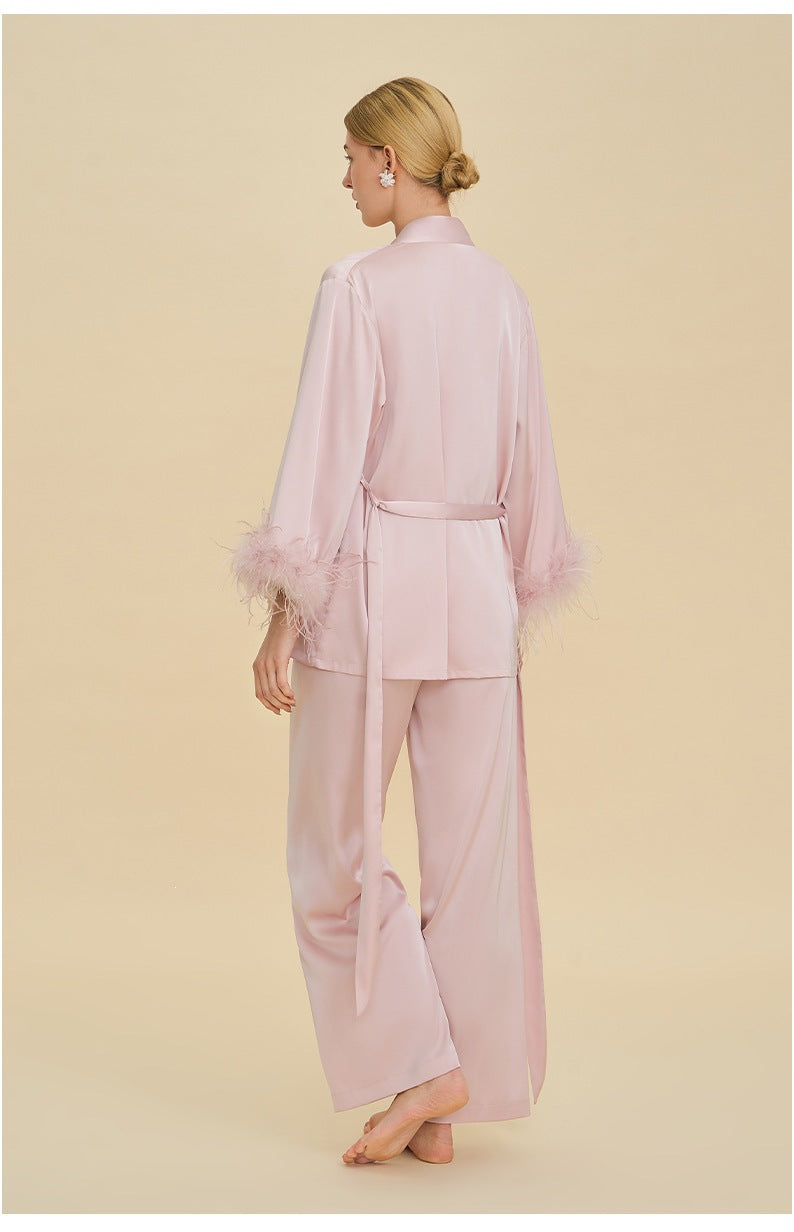 Feather Trim Long Sleeve Pajama Set | Detachable Luxury Loungewear