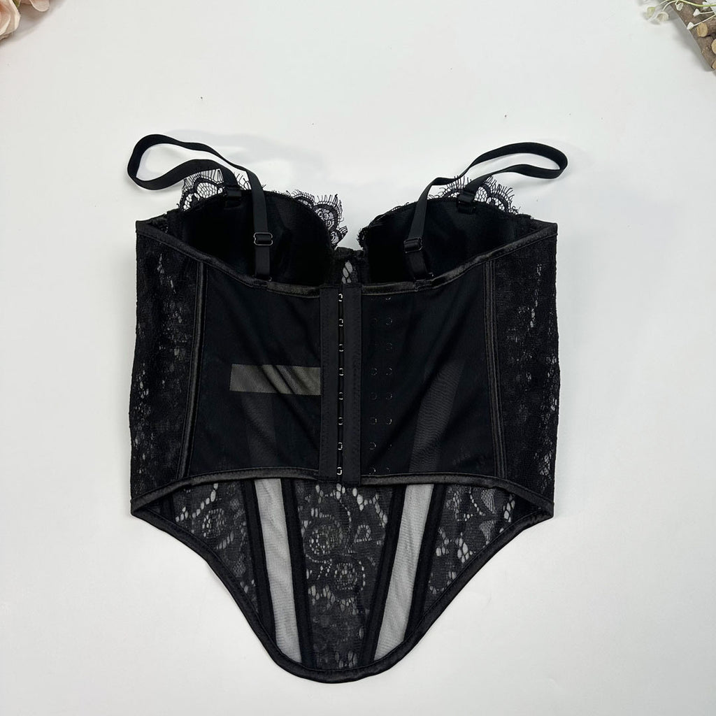 Lace & Mesh Splice Fishbone Corset Bra