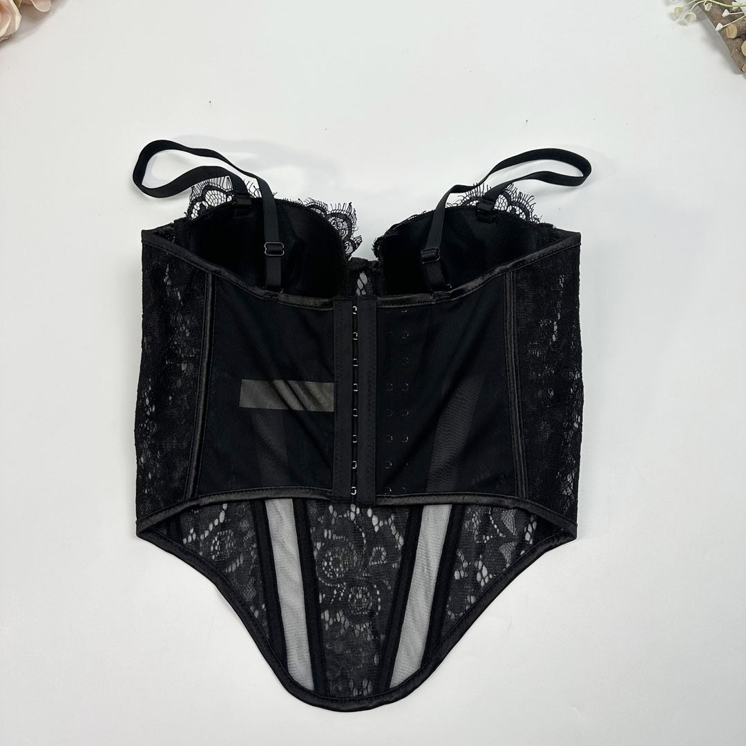 Lace & Mesh Splice Fishbone Corset Bra