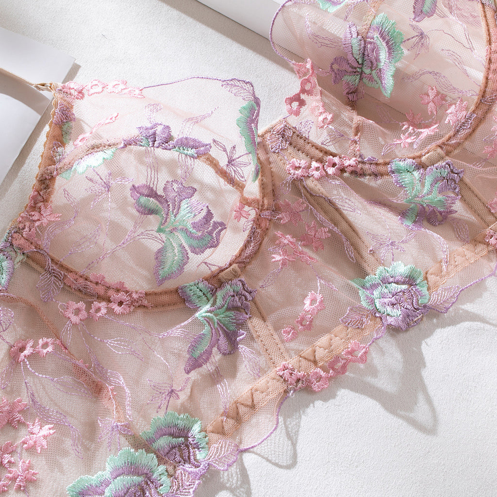 Sheer Mesh Boned Underwire Embroidered Lingerie Set