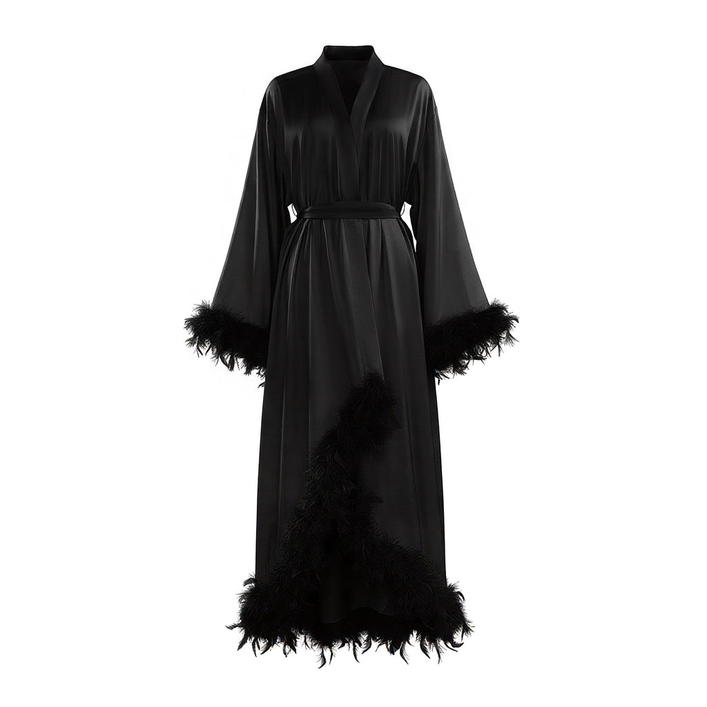 Feather Cardigan & Slip Dress Set | Luxury Long-Sleeve Loungewear