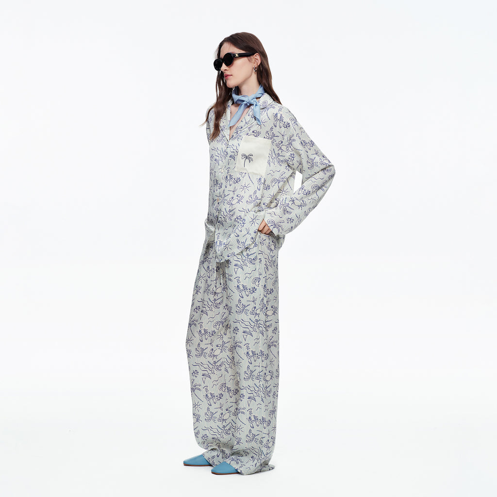 Coconut Grove Print Embroidery Long Sleeve Pajama Set | Spring & Autumn Loungewear
