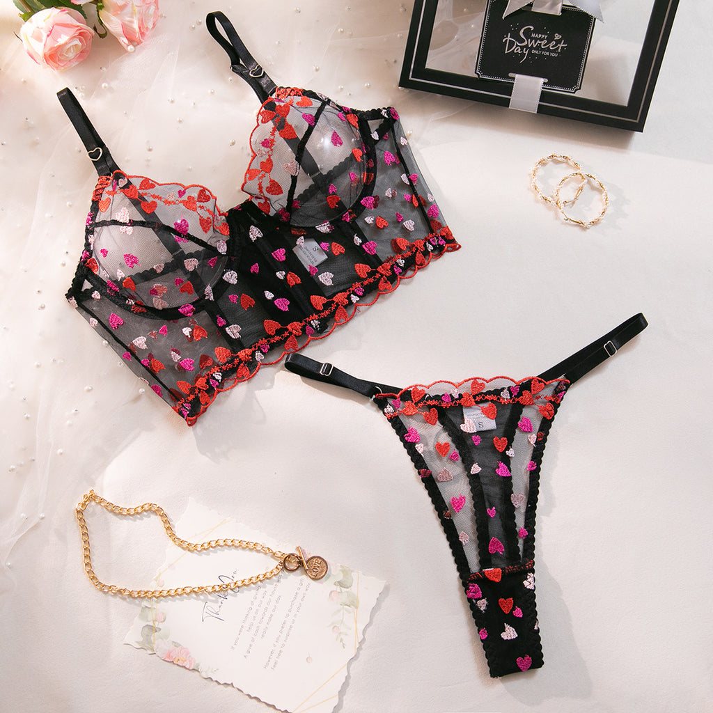 Heart Embroidery Mesh Underwire Lift Bra Set