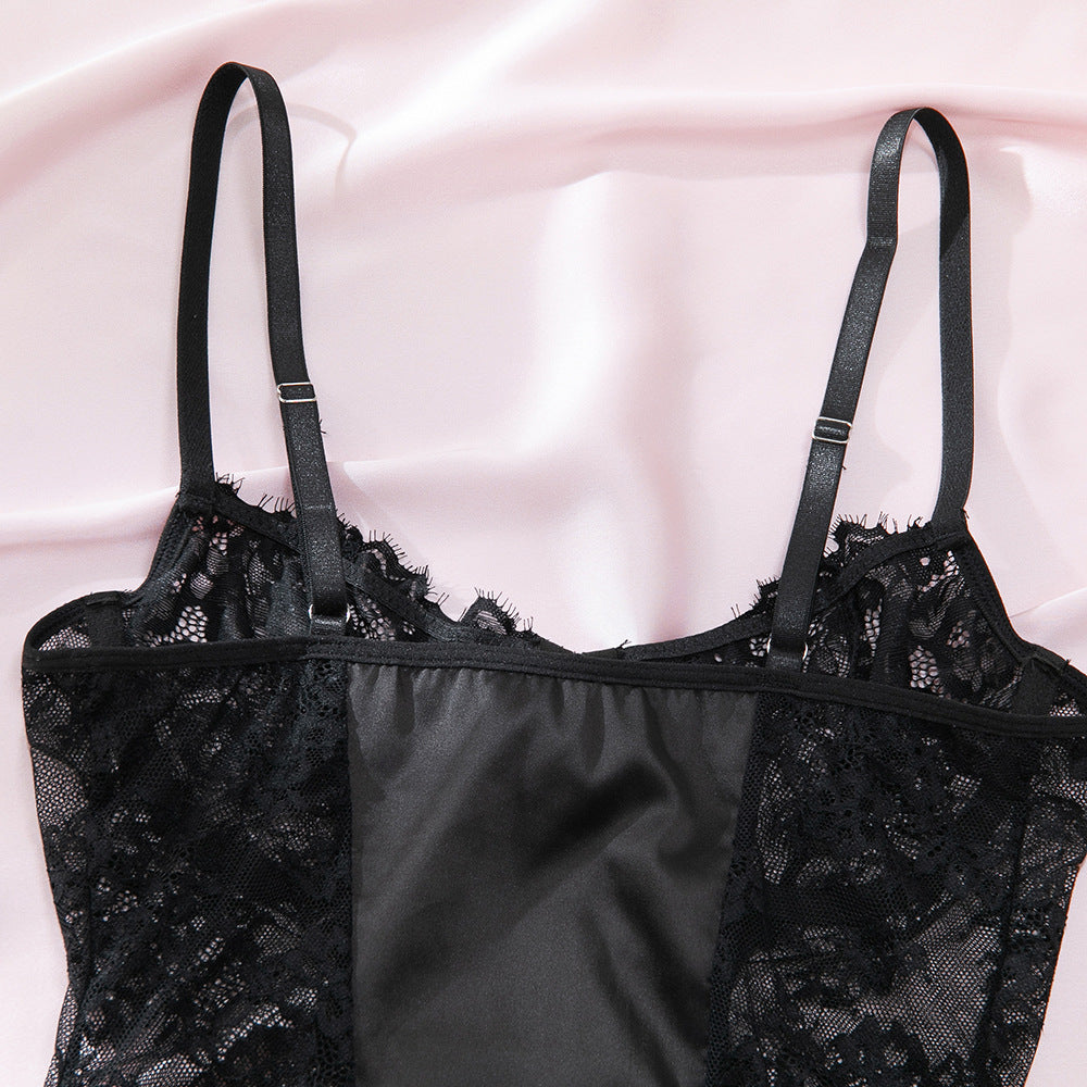 Black Lace & Satin Tie-Up Sculpting Slip Sleep Dress