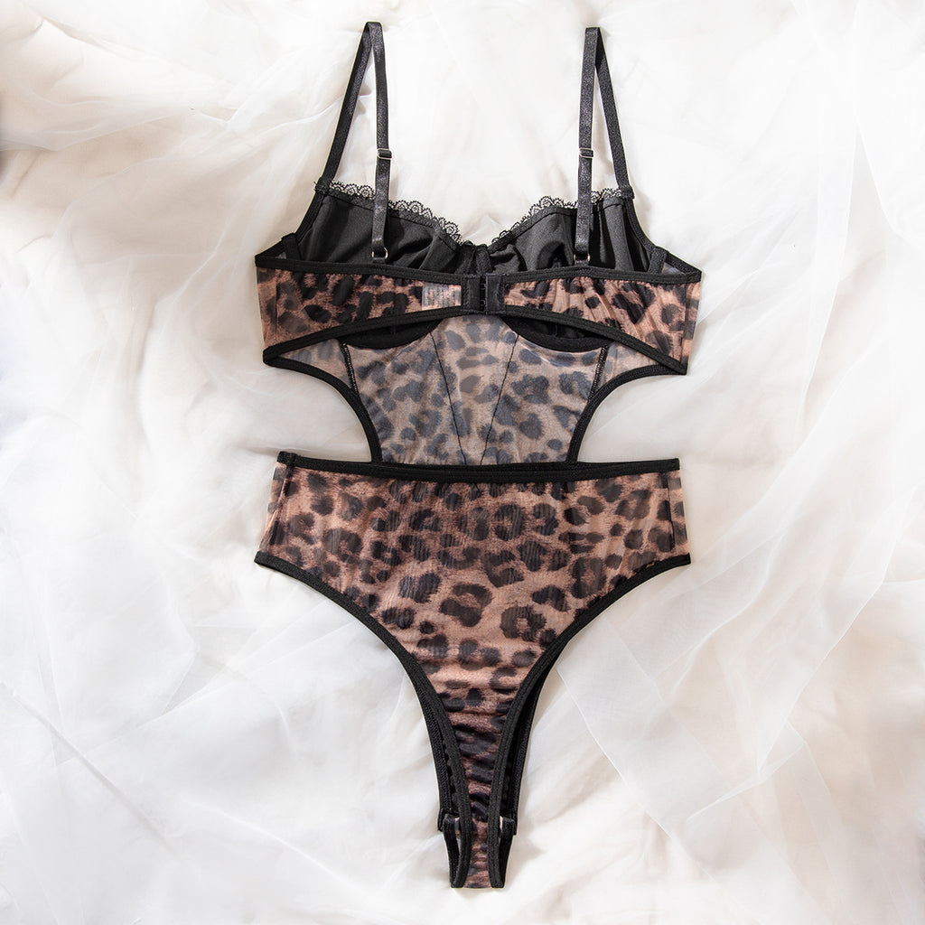 Leopard Print Lace Underwire Bra Set | Gathering Shapewear Lingerie