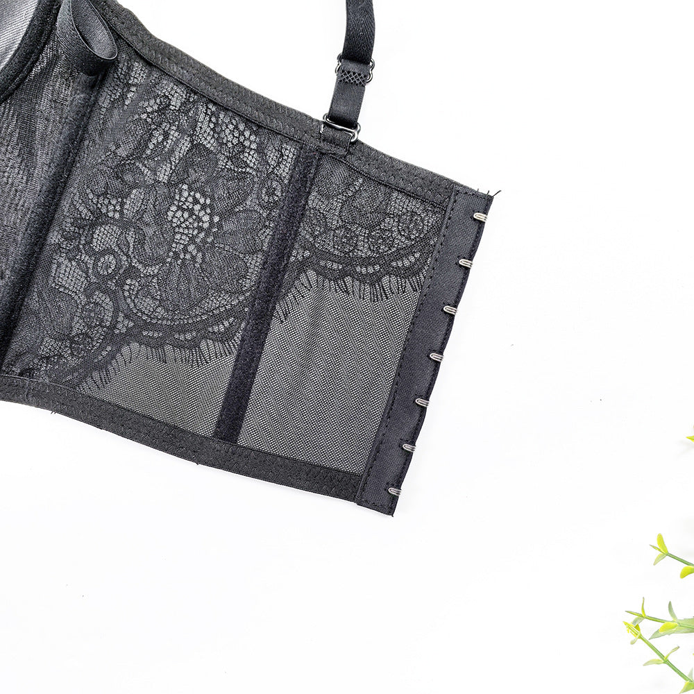 V-Neck Eyelash Lace Fishbone Corset Bra