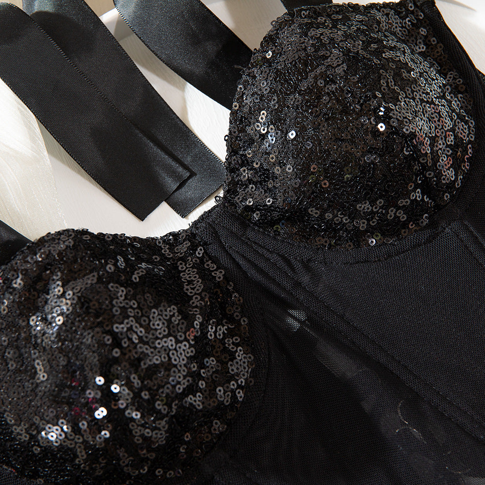 Sequin Backless Underwire Gathering Crop Top