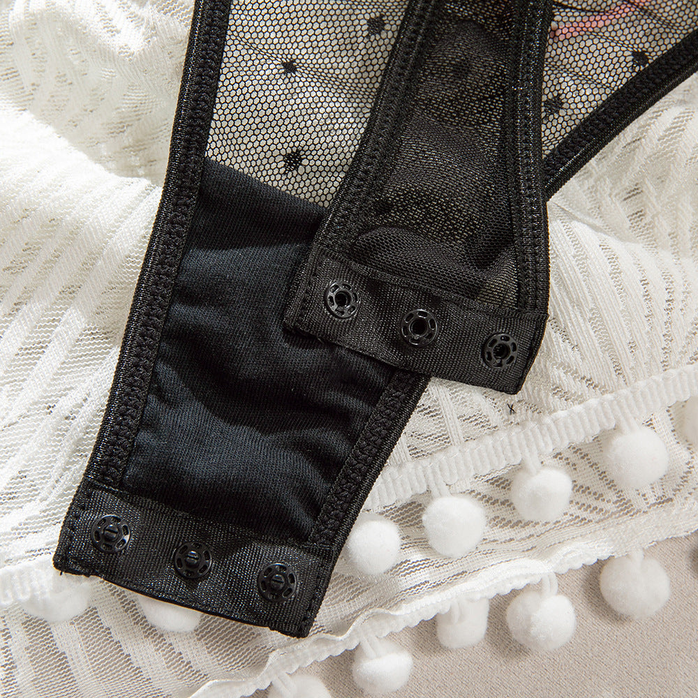 Lace Embroidery Sheer Mesh Bow Waist-Cinching Bodysuit