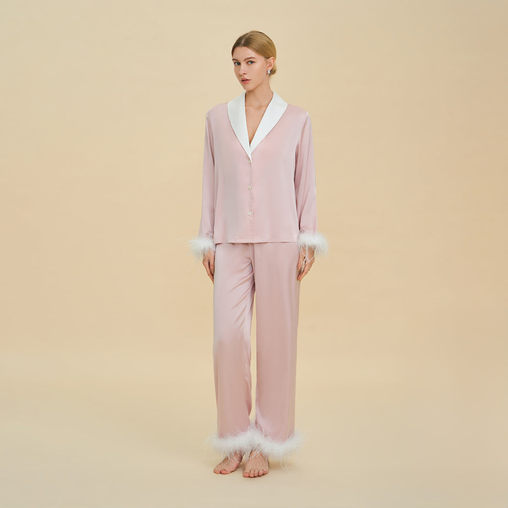 Feather Trim Luxury Pajama Set | Premium Gift Loungewear