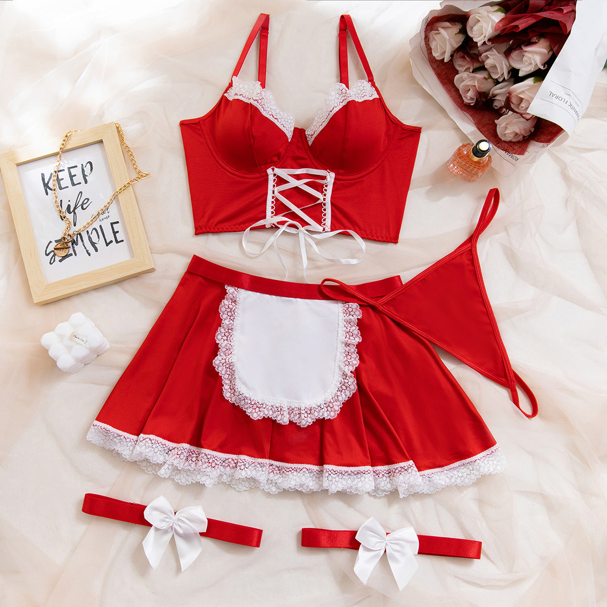 Sinful Maid Lace Apron Lingerie Four-Piece Set