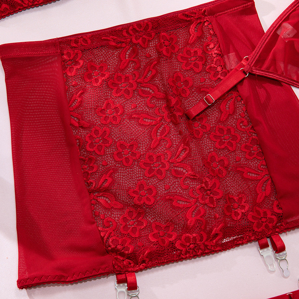 French Vintage Lace Frill Garter Belt High-Waist Sheer Lingerie Set