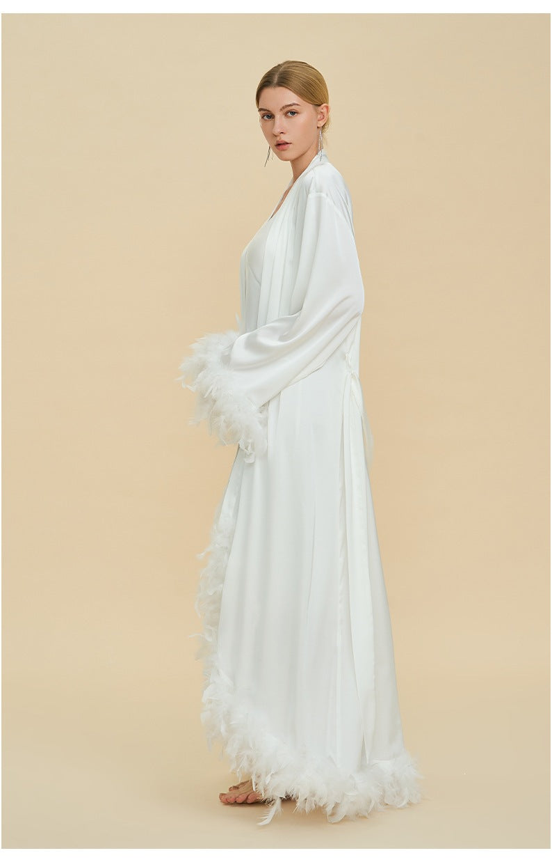 Feather Cardigan & Slip Dress Set | Luxury Long-Sleeve Loungewear