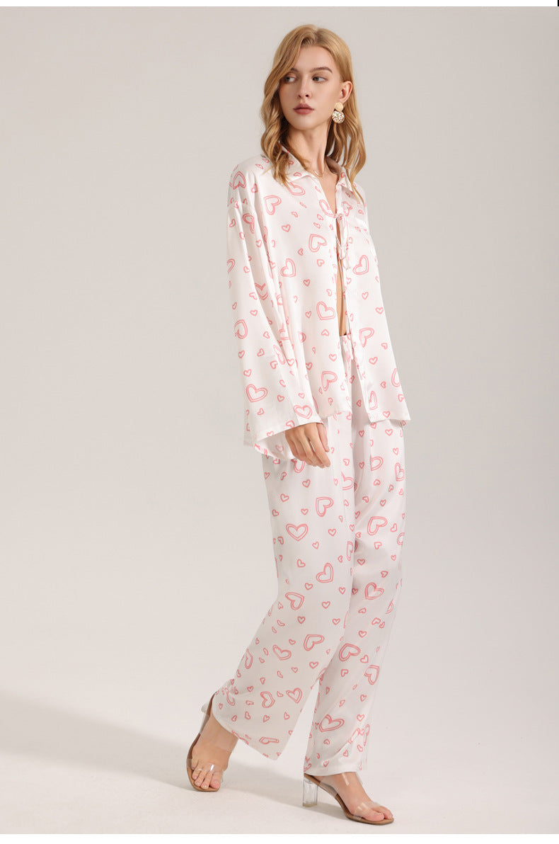 Heart Print Satin 3-Piece Pajama Set – Cami, Long Sleeve & Pants