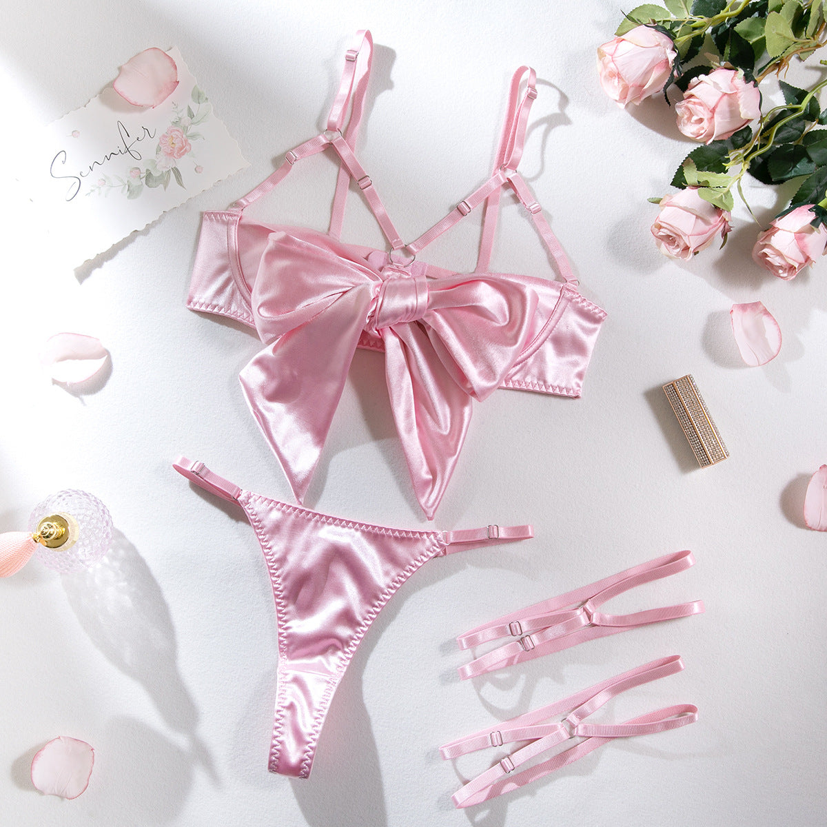 AliExpress hot-selling lingerie steel ring hollow sexy breast satin satin belt leg ring three pieces