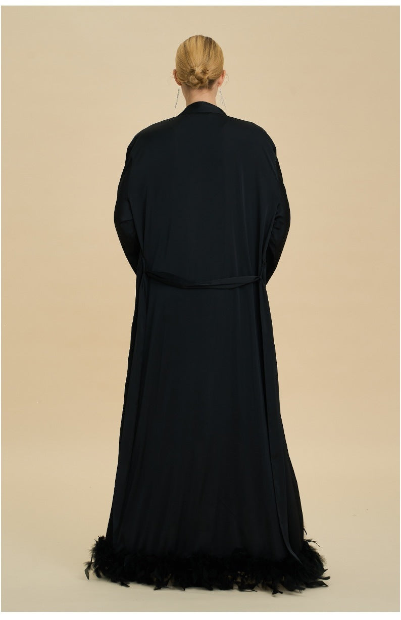 Feather Trim Trailing Long Morning Robe | Luxury Nightgown Robe