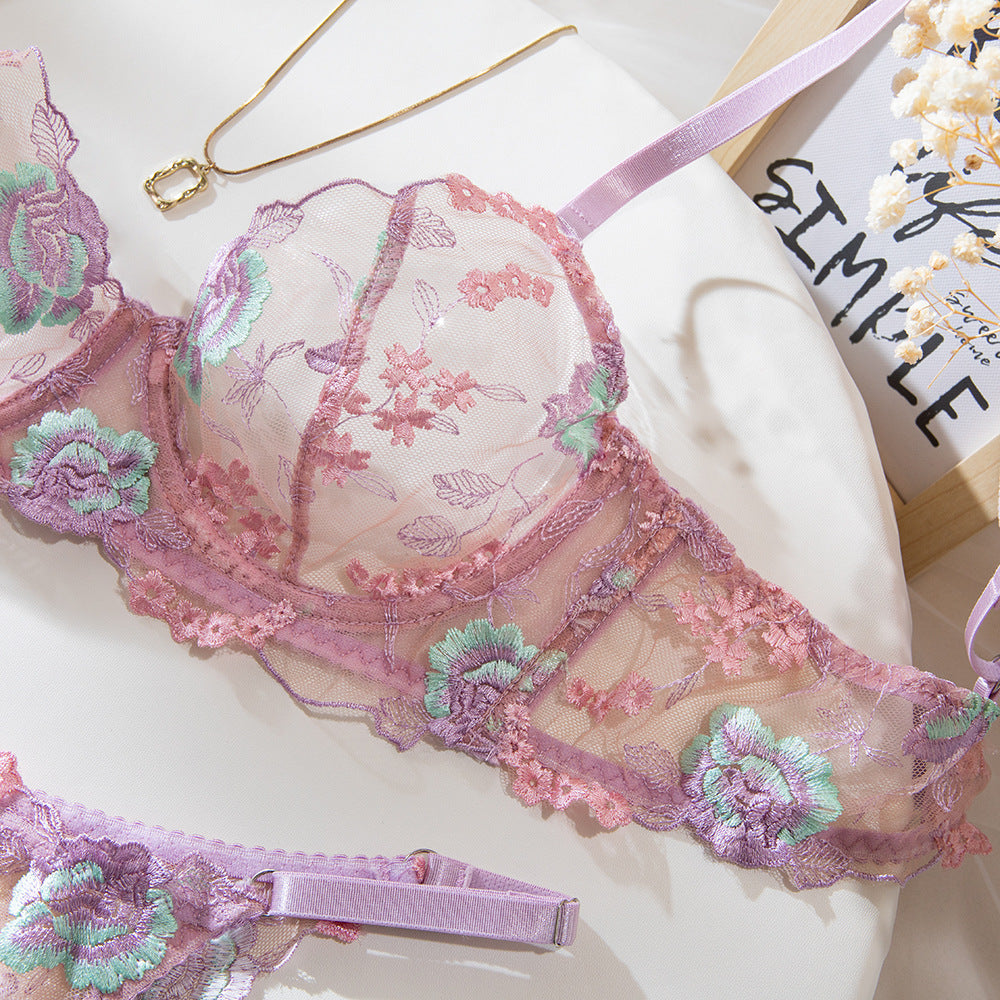 Pink Single-Layer Lace Embroidery Underwire Lift Bra Set