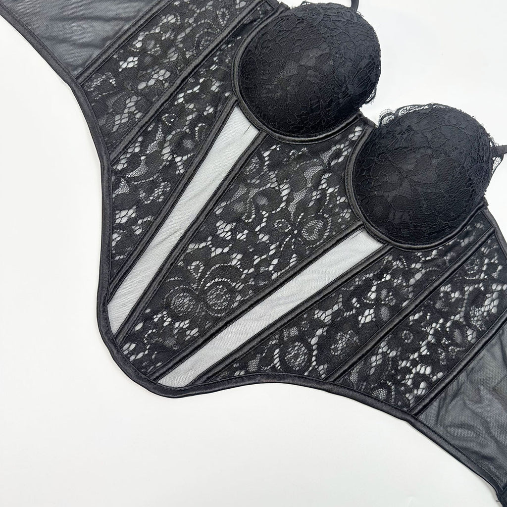 Lace & Mesh Splice Fishbone Corset Bra